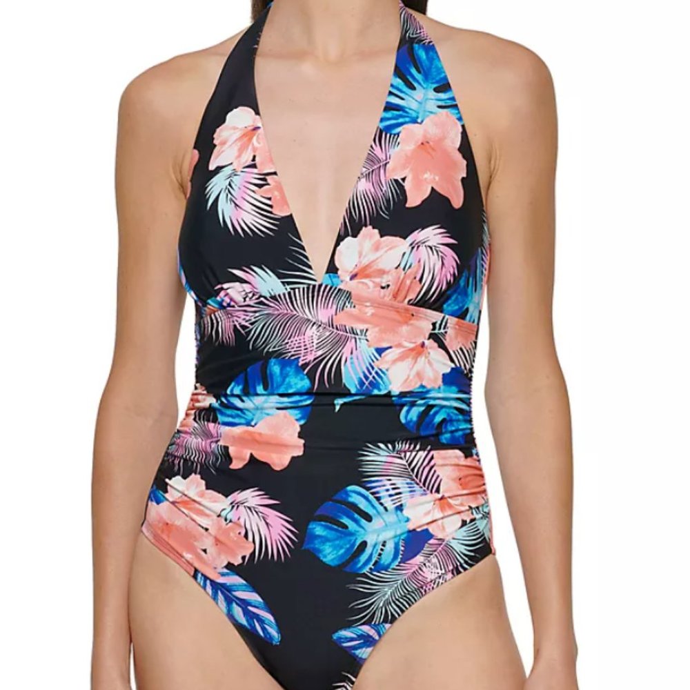 DKNY Women's Tropical Floral Print One-Piece Swimsuit Size M